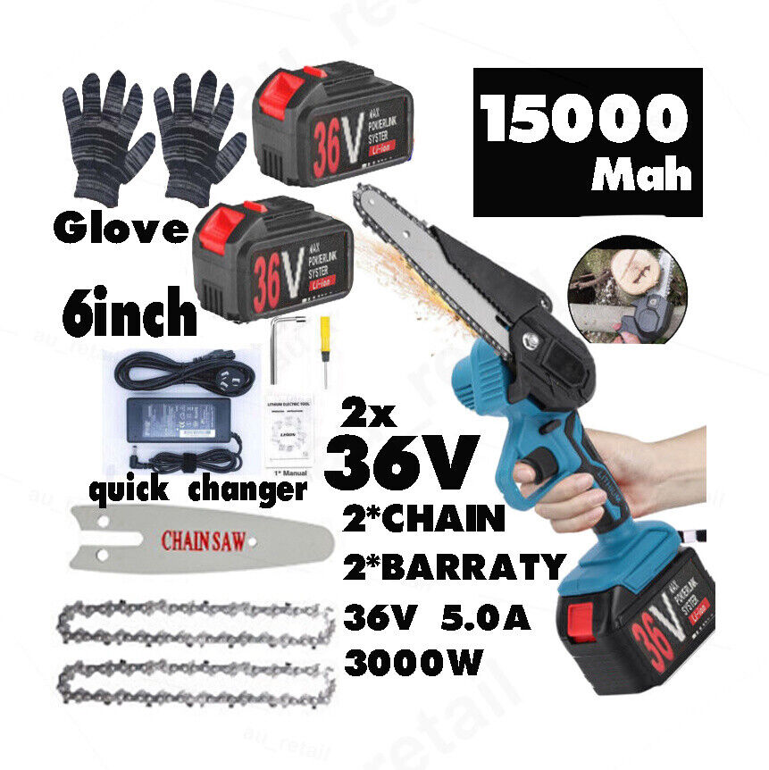 Main product image of 36V 6in Mini Cordless Electric Chainsaw 2X Battery Chains Powered Wood Cutter Rechargeable