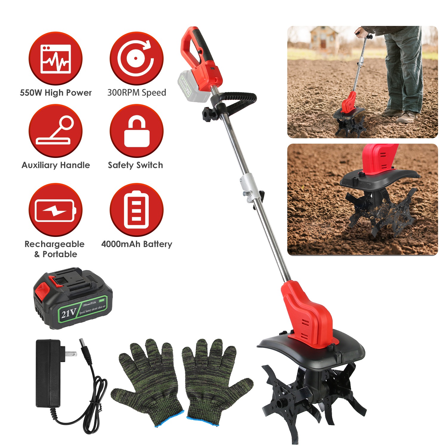 Main product image of 21V Cordless Soil Cultivator, 550W, 300RPM, 16 Steel Tines, 4000mAh Battery