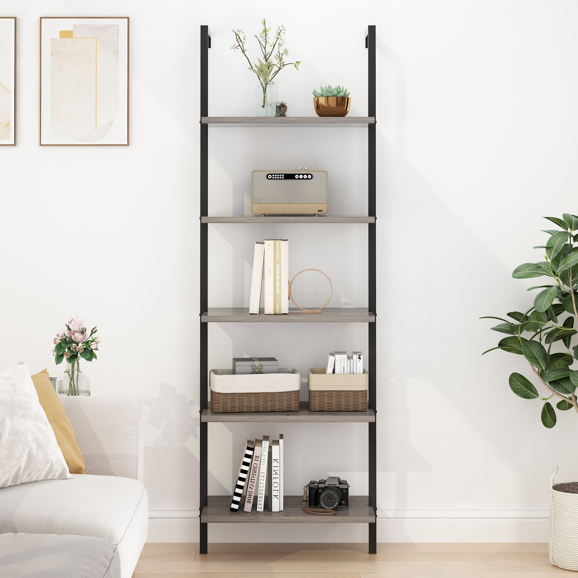 Main product image of 5-Layer Wall-Mounted Display Rack, Iron Frame, 24.02x12.01x72in, Gray/Black
