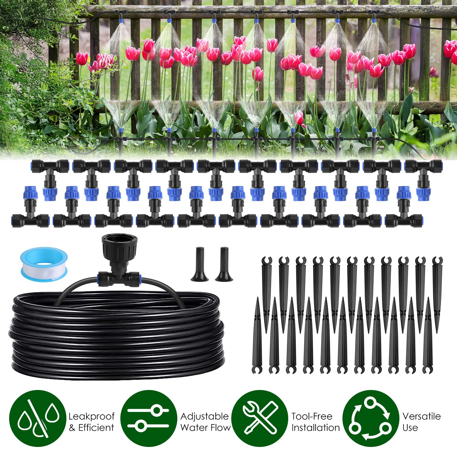 Main product image of Complete Garden Drip Irrigation System Kit,Drip Irrigation Kit, 75FT Garden Watering System with Adjustable Misting Nozzles for Garden Greenhouse Lawn Patio Flower Bed