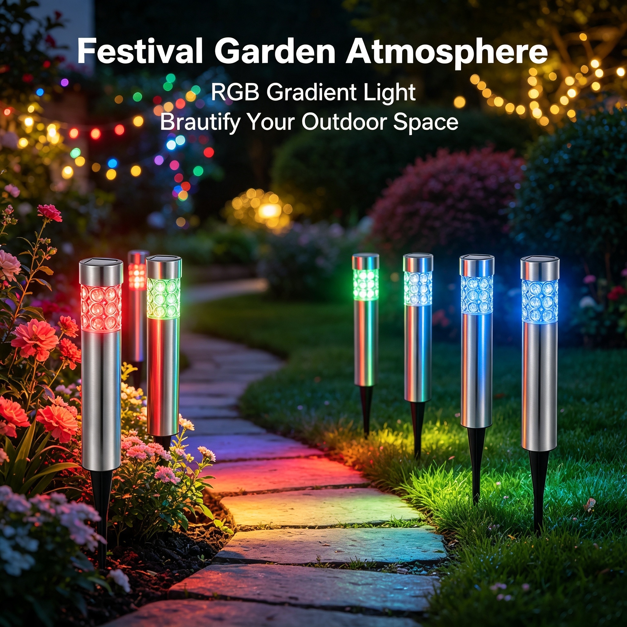 Main product image of Solar Garden Stake Lights, IP44 Weather‑Resistant Color‑Changing Outdoor Lamp, Amorphous Silicon Solar Panel, Stainless Steel & ABS Housing for Yard Pathway Lawn