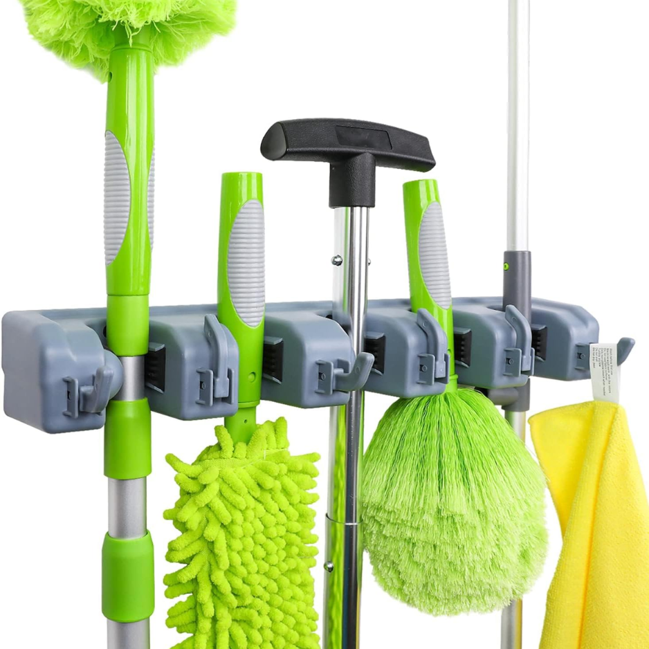 Heavy Duty Wall Mount Broom Mop Holder Heavy Duty Tool Organizer Hooks Slots Garage Laundry Kitchen Gray