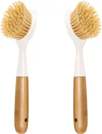 Product image of 2 Pack Bamboo Handle Dish Brushes with Built-In Scraper