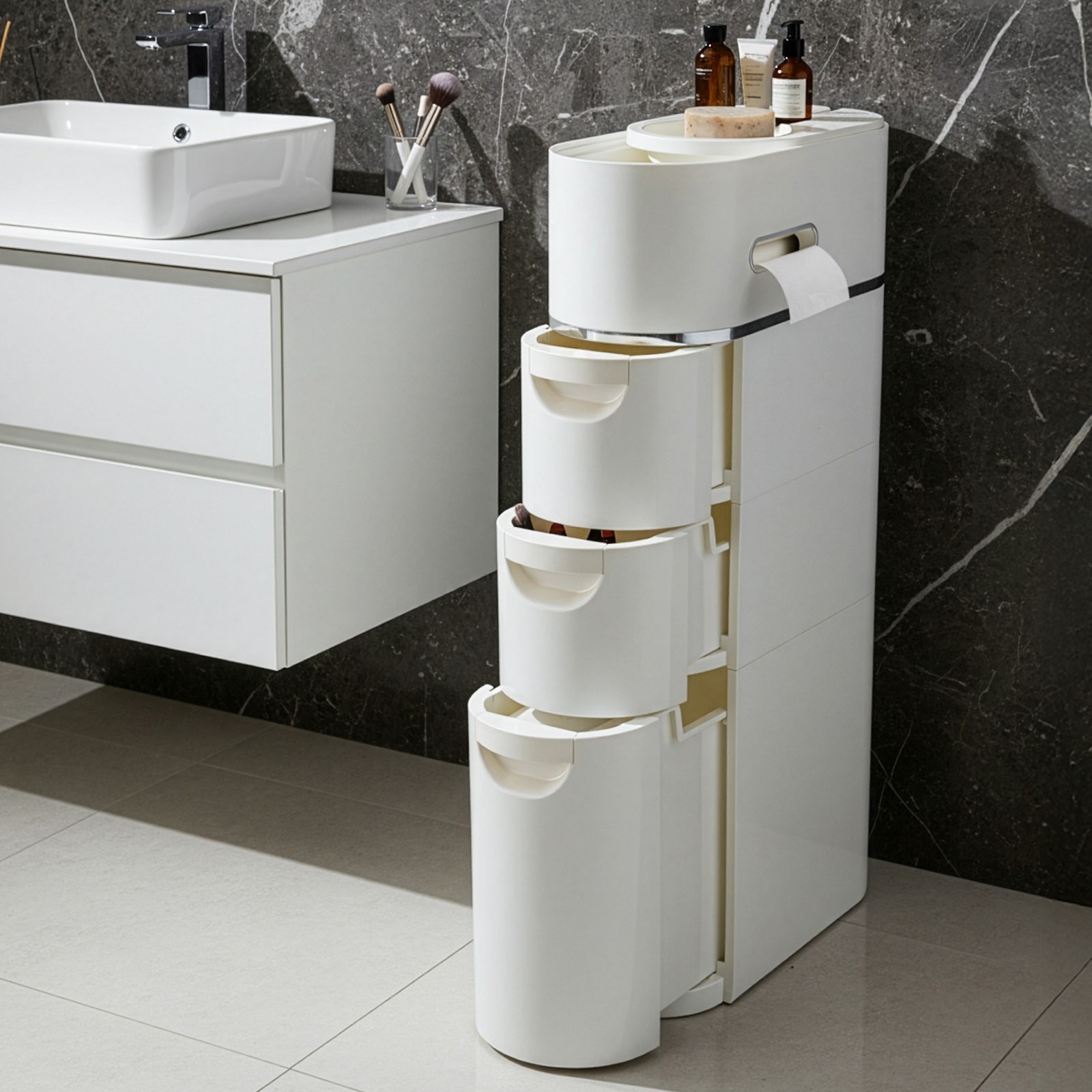 Main product image of Slim Bathroom Floor Cabinet, 3-Drawer, with Toilet Paper Holder