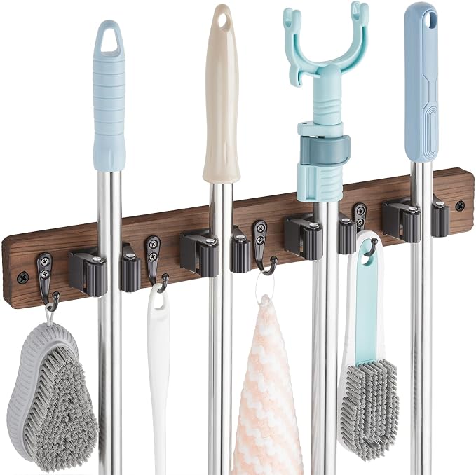 Main product image of Wood Wall Mount Mop and Broom Holder, 4 Slots, 4 Hooks