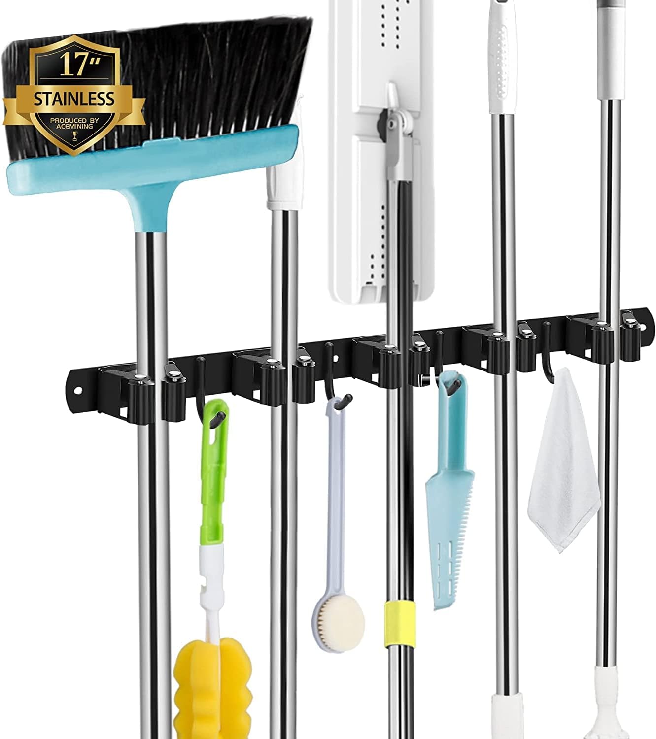 Main product image of Black Wall Mount Broom and Mop Holder, 5 Racks, 4 Hooks