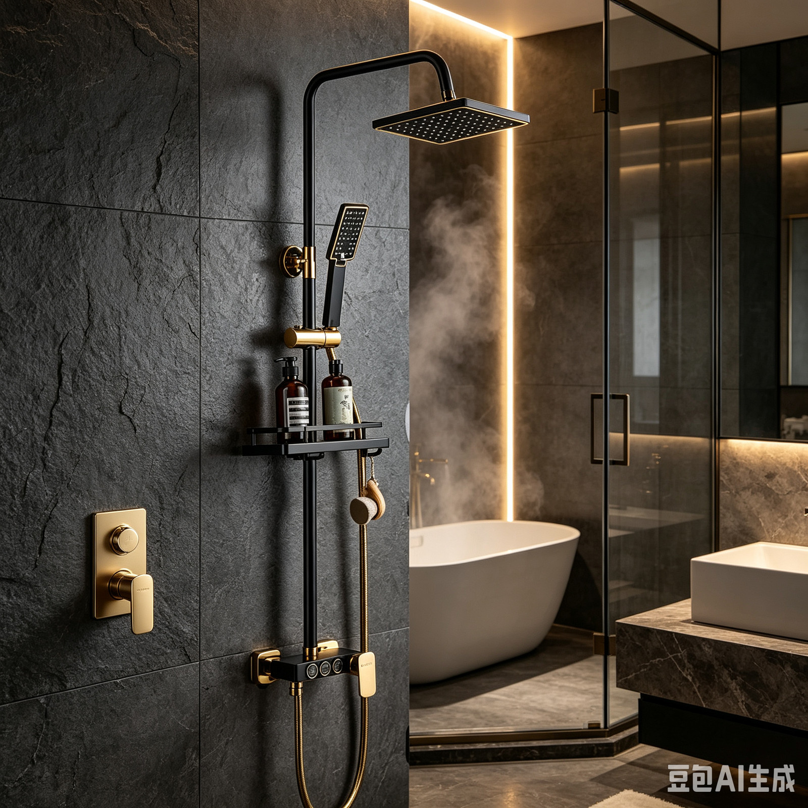 Main product image of 3-Way Diverter Bathroom Shower Mixer Gold&black Twin Head Square Bar Set