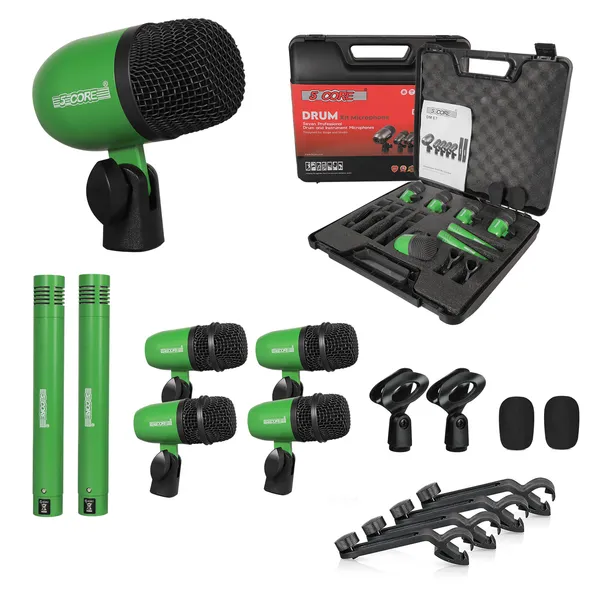 5 Core Drum Microphone Kit 7Pc All Metal Drummer Mics Tom/Snare & Cymbals Wired Instrument Drums Set