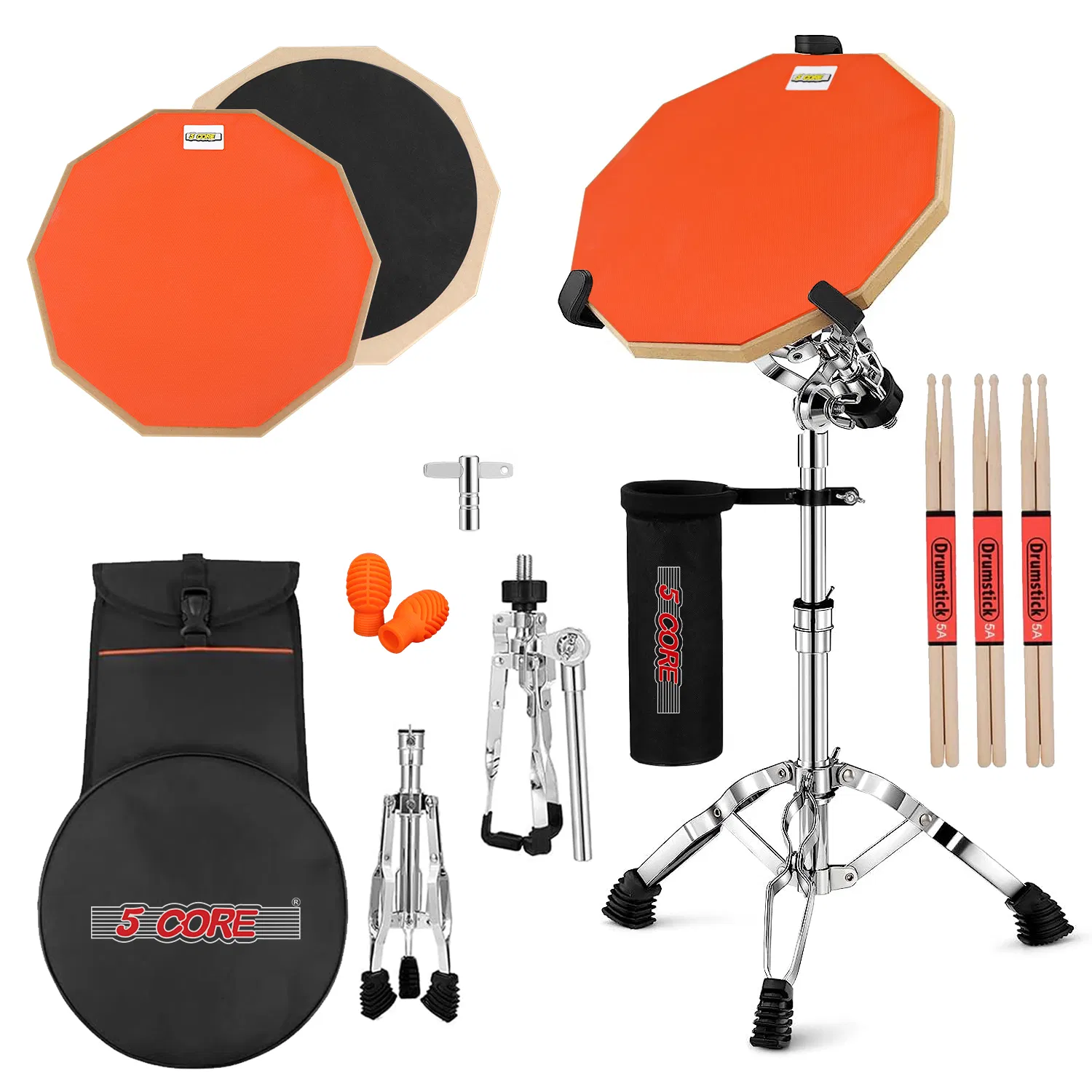 Main product image of 5 Core Drum Practice Pad Set 12" Adjustable Snare Drumming Stand Double Sided Silent Drummer Kit - DPAD COMBO
