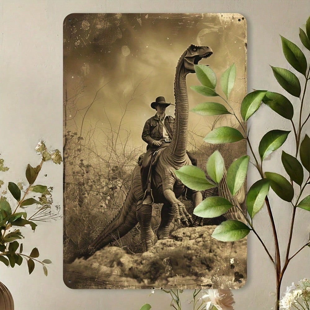 Main product image of Metal Tin Sign with Cowboy Riding Dinosaur Design, 8x12 inches