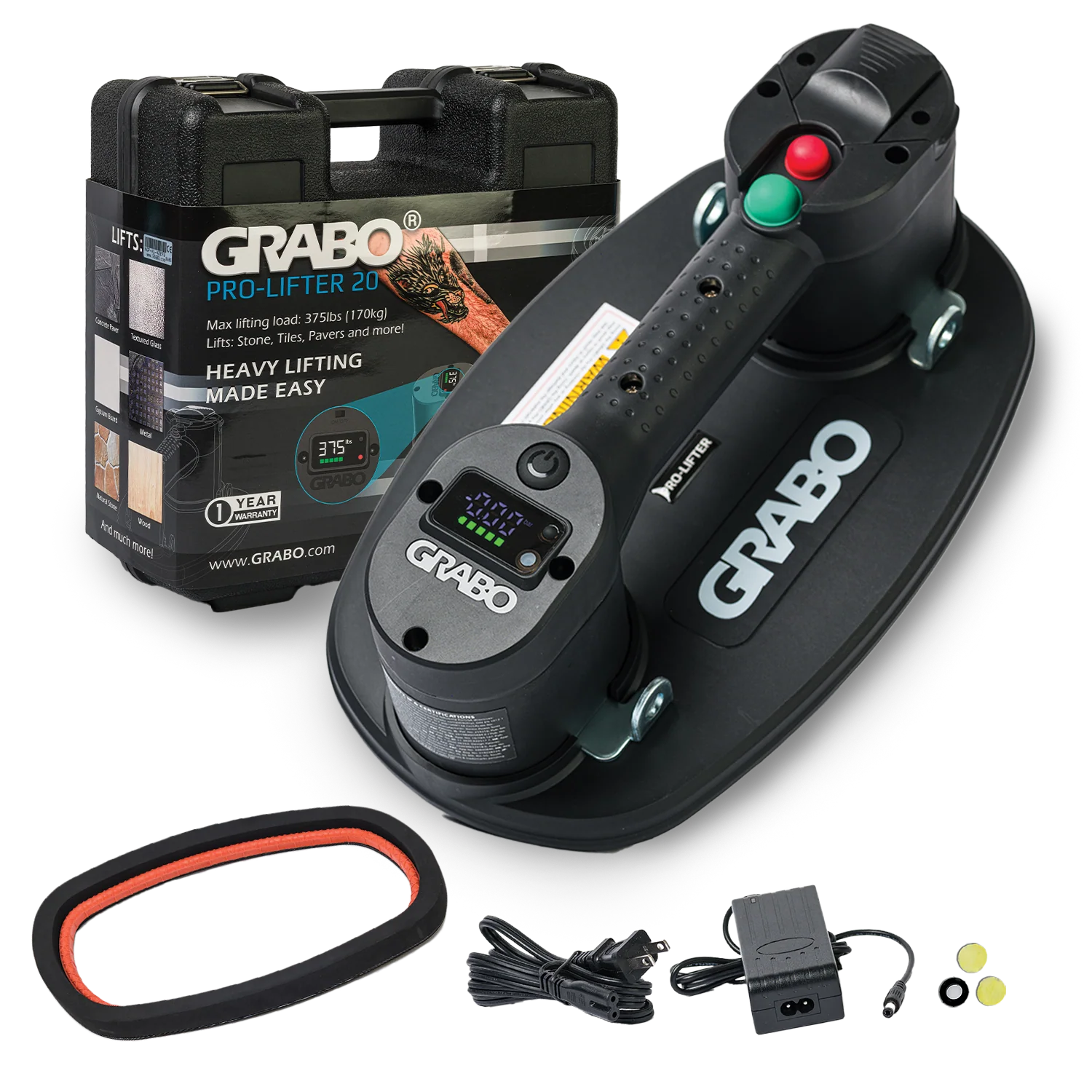 GRABO Pro Cordless Vacuum Lifter 375 lb with Hardshell Case, Gripster Kit